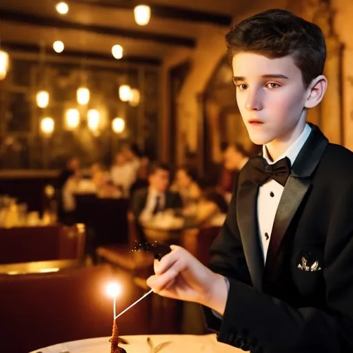 Prompt: 16 year old boy in a tuxedo casts a spell with his magic wand at a restaurant