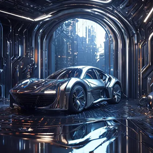 Prompt: digital art,shiny, liquid chrome, silver,3D object, octane render, unreal engine,concept art,4k,poster, FUTURISTIC ARCHITECTURE ENTRANCE GATE FOR CARS, RENDER, 8K, HYPERREALISTIC