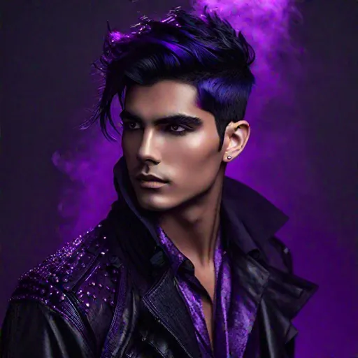 Prompt: Male short side swept black hair with purple highlights covering his right eye, full body