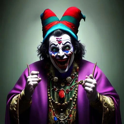 Prompt: fantasy, medieval, scary evil jester, man, ugly, dancing, laughing, UHD, 8k, high quality, ultra quality, perfect composition, trending art, trending on artstation, sharp focus, studio photo, intricate details, cinematic lighting, special effects, hyper realism, hyper realistic, Very detailed, full body, full view, oil painting