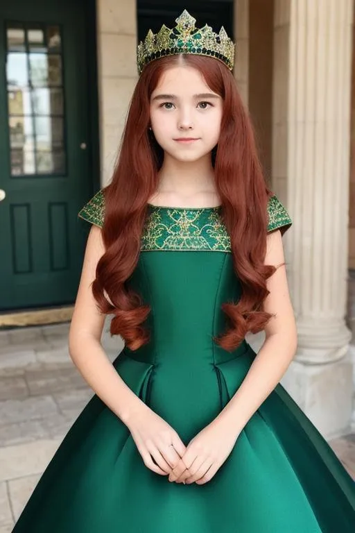 Prompt: Girl 14yo, Queen green dress, dress long, Queen crown, red hair,