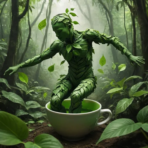 Prompt: A human green leaves dance on jungle in cup