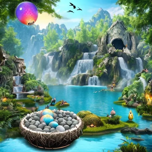 Prompt: Realistic Enchanted waterfall and lake with dragon eggs in nest birds flying various animals near lake