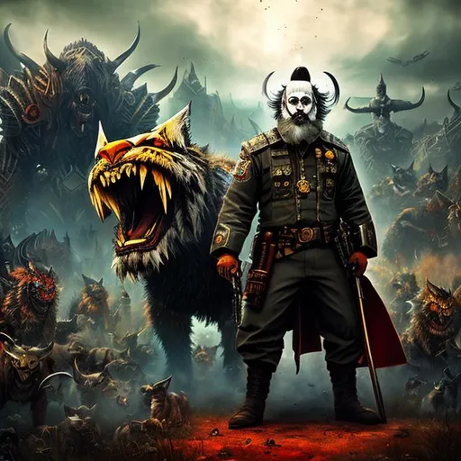 Prompt: One psychotic bearded clown standing with his giant guard sabertooth cat, surrounded an army of monsters, wounded, holding guns, hyperrealistic, dystopic, war, standing, explosions, alien invasion, dark, gritty, battlefield, ww3, robots, tanks, gun sword, battle scene,  dragons, severed heads