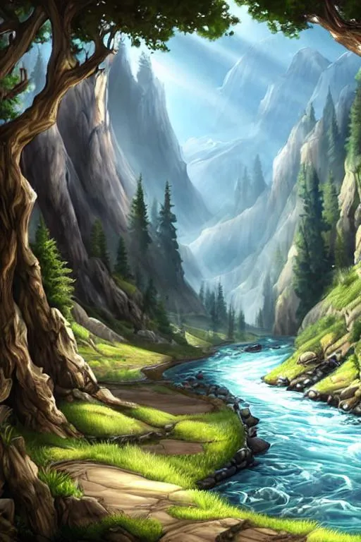 Prompt: a narrow valley with pines and fields and a wild stream running through with a big castle in the background, surrounded by massive mountain ranges, fantasy artwork, epic fantasy, very beautiful scenery, intricate detail,

dynamic lighting, studio lighting, volumetric lighting, sunlight, sunlight reflection, reflection, water reflection, shadow,
detailed brush stroke,

HD, UHD, cinematic 4k wallpaper, 8k, ultra detailed, high resolution, artstation, epic composition, concept art, 8k post-processing, epic scale, soft pastel fantasy color, matte painting, cinematic, low saturation, masterpiece, professional work, digital hand painting concept art,