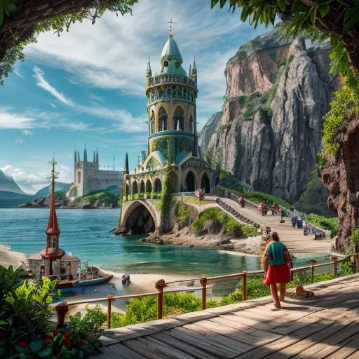 Prompt: Elf city inside a crescent shaped bay, single island in the bay with a beautiful tower rising from it, extremely detailed environment, detailed background, intricate,  natural colors , professionally color graded, photo realism, 8k