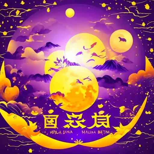 Prompt: mid autumn festival graphic with a moon on the center,  the colour i want purple and yellow

