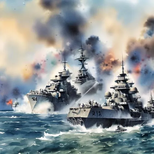 Prompt: Battle of Leyte Gulf 1944 in watercolor
