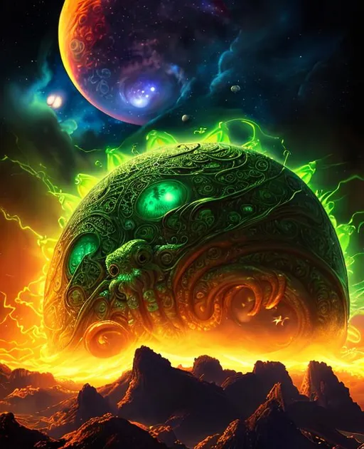 Prompt: Cthulhu, planet and stars in sky, intricate, masterpiece, hyper detailed, firestorm, 8k, neon highlights, HDR, Highly Detailed, perfect composition, photo real, realistic, super detailed, 8k, high quality, sharp focus, intricate details, highly detailed, masterpiece