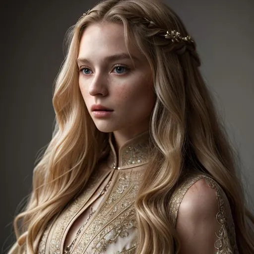 Prompt: extremely detailed woman wearing clothes, extremely detailed clothes  (8K) (mythical composition) (mythical proportion) (masterpiece) extremely beautyful, long hair, wavy hair, blonde hair, haute couture.