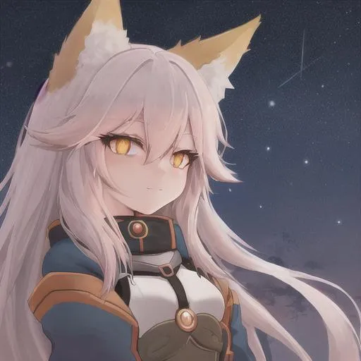 Prompt: fox girl staring lovingly into a human boys eyes with the night sky behind them