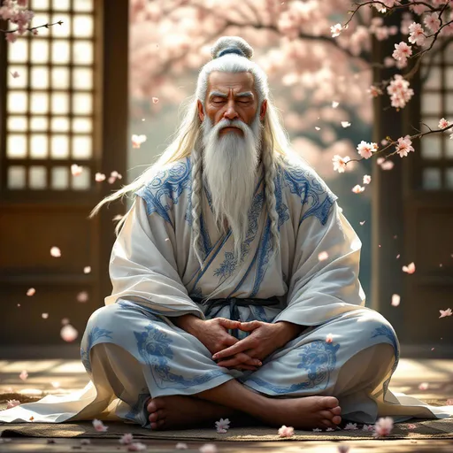 Prompt: Anton Pieck style image. Asian looking old male monk with long white hair and long braided beard in baby blue and white intricately armored robes. He is in a peaceful, meditative pose, with legs crossed. Luis Royo dojo fantasy setting. 