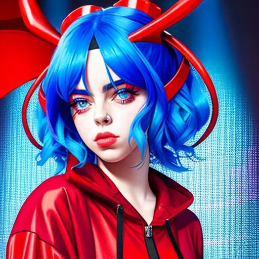 Prompt: Billie Eilish wearing a red and blue spider woman costume