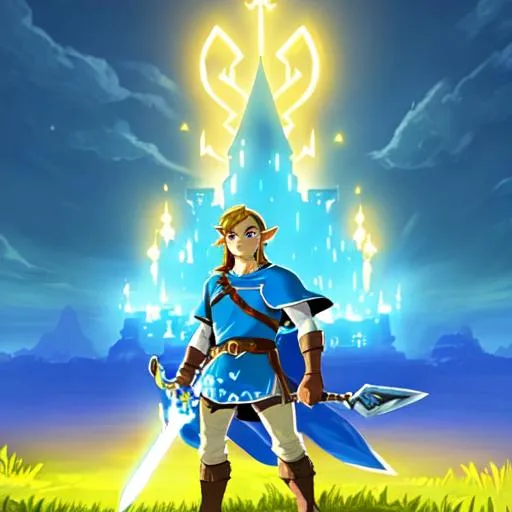 Prompt: Zelda breath of the wild with link looking of into Hyrule holding a glowing blue sword while a castle glows yellow