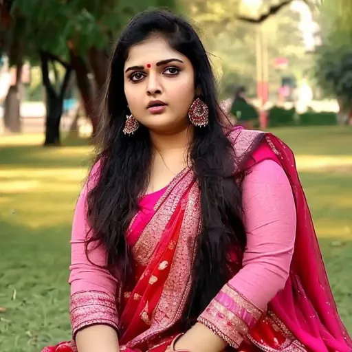 Prompt: 29 + aged Indian beautiful girl chubby body sitting in park wearing western dress walking on street