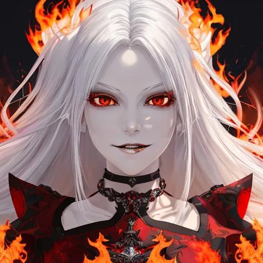 Prompt: (masterpiece, illustration, best quality:1.5), insanely beautiful white haired wolf girl made of red fire, knight, evil grin, made of red fire, radiating red fire, hair made of red fire, choker, goth, global illumination, night, finely detailed, alert, detailed face, beautiful detailed eyes, beautiful defined detailed legs, beautiful detailed shading, highly Detailed body, full body, red fire halo, body radiating with red fire, billowing wild fur, red fire body painting, fire elemental, radiating red fire, red fire atmosphere, full body focus, beautifully detailed background, cinematic, 64K, UHD, by Yuino Chiri