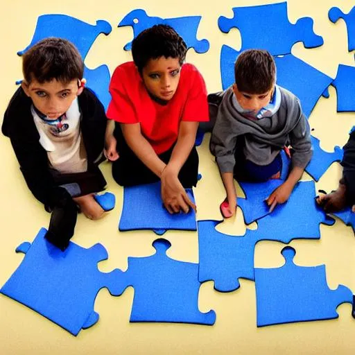 Prompt: A striking image of a group of boys holding puzzle pieces, symbolizing the different issues they face and the need for society to help them complete the puzzle.