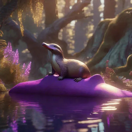 Prompt: Enchanted purple and light brown two-tone platypus with tan duck bill sitting in the Fairyland Forest, Sitting upright on hind legs, Perched like a bird, with arms in a comfortable position, Furry, close-up, textured, Faded, surrealism, golden hour sun lighting, Hyperrealistic textures, intricate details, architectural visualization, Corona render, 8k