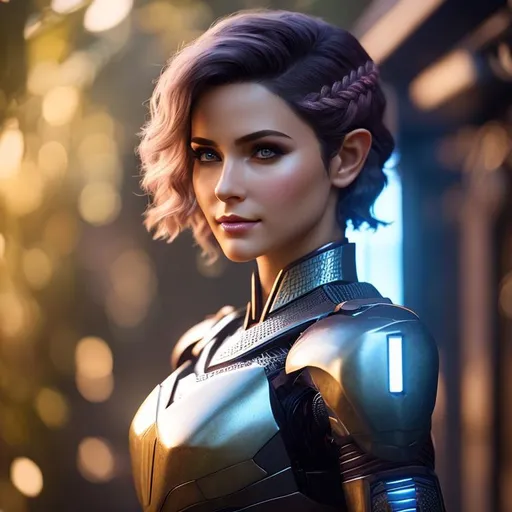 Prompt: fictional female short cropped dark hair, short bob, sidecut, elven ears, fantasy, extremely detailed environment, detailed background, intricate, detailed skin, natural colors , professionally color graded, photorealism, 8k, moody lighting, iron man armor, full body armor, purple and pink in hair, braids