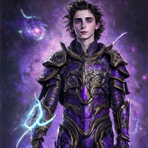 Prompt: Timothée Chalamet with purple starry aegis armor , purple hair and with white eyes, purple galaxy in his hand, dark purple starry galaxy, perfect composition, hyperrealistic, super detailed, 8k, high quality, trending art, trending on artstation, sharp focus, studio photo, intricate details, highly detailed, by greg rutkowski