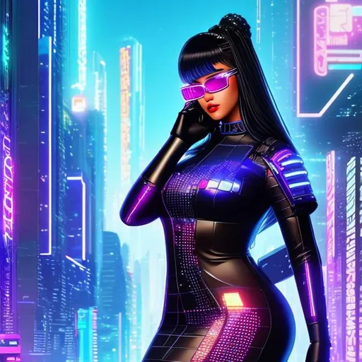 Prompt: ((high-quality)) ((high-detail)) ((highly-detailed)). cyberpunk, an augmented female {bbw}, sorceress. wearing a dress and sunglasses, a hologram, leather body suit, pixel sort, triadic colors, checkered pattern. rpg art. 2d. 2d art.