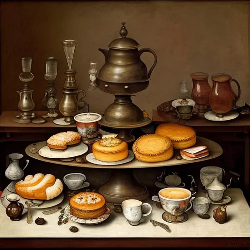 Prompt: iron table with full coffee cups, a lot of french pastry on separate plates, in the style of Pieter Bruegel