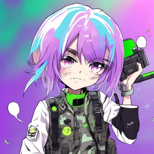 Prompt: Life like, anime style, girl, military attire, machine gun, skinny, small, space headquarter, pink and purple wit green hair, blue purple eye