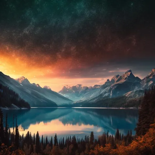Prompt: Landscape scene of mountain lake with sunset, HDR, 4k, Interstellar movie style, soft lighting, realistic