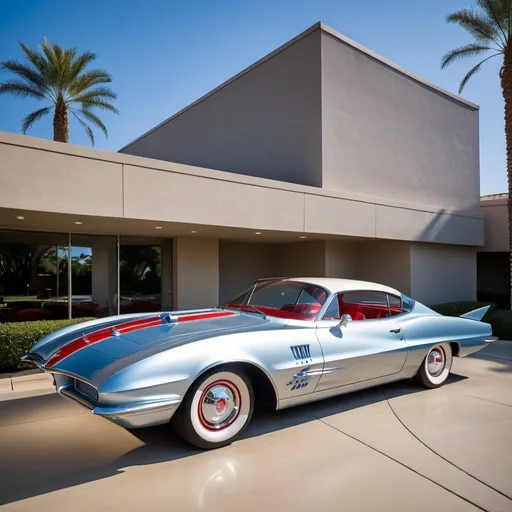 Prompt: retro-futuristic turbine powered car, Chevy Firehawk, 1960s, silver red & blue metallic, two-door, bubble canopy, tail fins, whitewall tires, parked under the porte cochere of a fancy high-end club, daylight, high-res, professional photo, retro-futuristic, metallic sheen, vintage design, luxury club, classic car, detailed reflections, sleek lines, upscale, daylight, vibrant colors, colorful landscaping, paver driveway