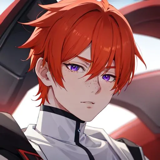 Prompt: Erikku male adult (short ginger hair, freckles, right eye blue left eye purple) UHD, 8K, Highly detailed, insane detail, best quality, high quality,  anime style