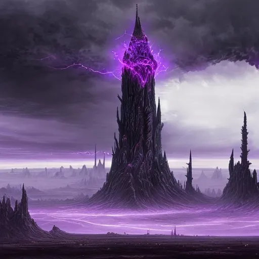 Prompt: An epic and realistic depiction of a massive and very tall black tower standing on a desolate wasteland, with a pillar of purple energy ascending from the tower into a massive black and purple storm emanates from the top of the tower . Massive black stone spires point towards the tower. Many smaller towers surround the main tower. 