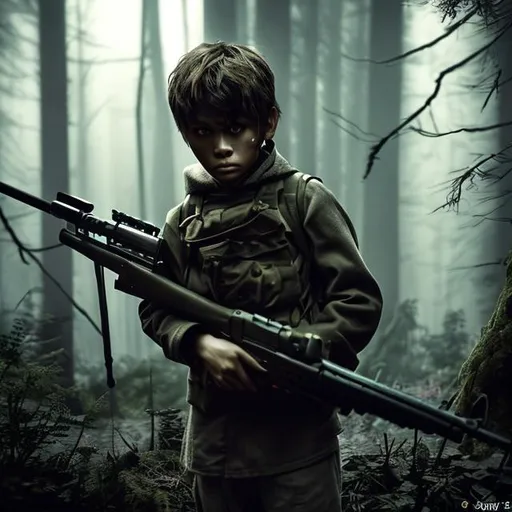 Prompt: The color photo depicts a boy who is holding a sniper , whose enigmatic and mysterious appearance is enhanced by the use of low key lighting and shallow depth of field. The image is set in a dark and eerie forest, illuminated by the moonlight and shrouded in shadows that add to its unsettling atmosphere. The man's alluring and captivating presence is enhanced by the use of Kodak Tri-X 400 film, which gives the image a grainy and textured quality that adds to its otherworldly feel. 

The mood and feelings conveyed by the image are enigmatic, secretive, mischievous, curious, eerie, and otherworldly, all of which are enhanced by the use of unusual collaborators such as Guillermo del Toro, Emmanuel Lubezki, Tim Burton, Rick Owens, and Thom Yorke. These collaborators bring their unique perspectives and creative visions to the image, adding to its mysterious and captivating qualities. 

Overall, the photo is a haunting and intriguing work of art that invites the viewer to explore its secrets and discover the hidden meanings behind its enigmatic and alluring imagery.