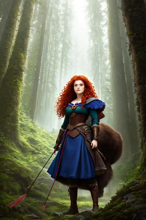 Prompt: UHD, hd , 8k,  oil painting, hyper realism,  Very detailed, character zoomed out view,  her face is visible , full body of character in view, dark fantasy atmosphere, merida from pixar's brave standing in the forest holding her bow with her right hand and there is   a bear standing beside her