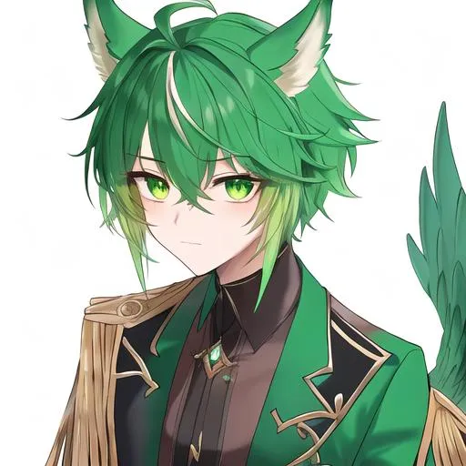 Prompt: Male. Small and masculine build. human animatronic hybrid, with focused emerald eyes. They identify as a Male. Emerald colored feathery pegasus wings and tail. Short Green ombre hair. horse ears adult