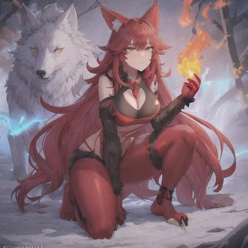 Prompt: gorgeous, beastkin wolf, female, full body, red hair, small body, fire, fur