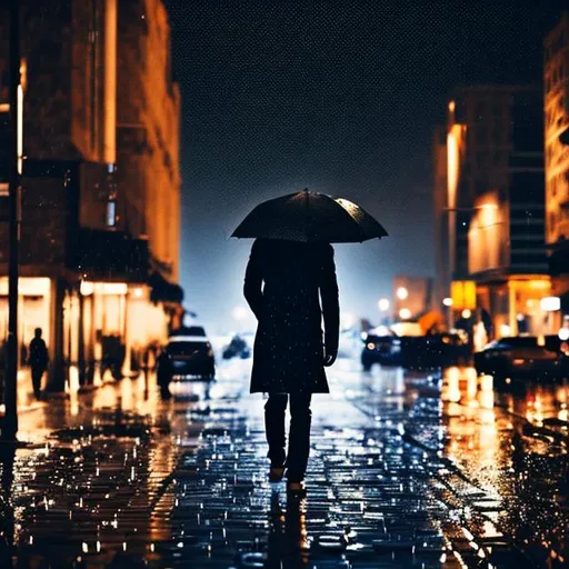 Prompt: young man walking in the rain, city ​​street, night, solitary