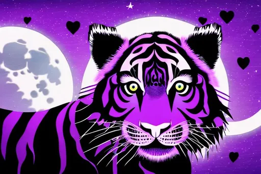 Prompt: a cute black tiger with purple strips in the moon light