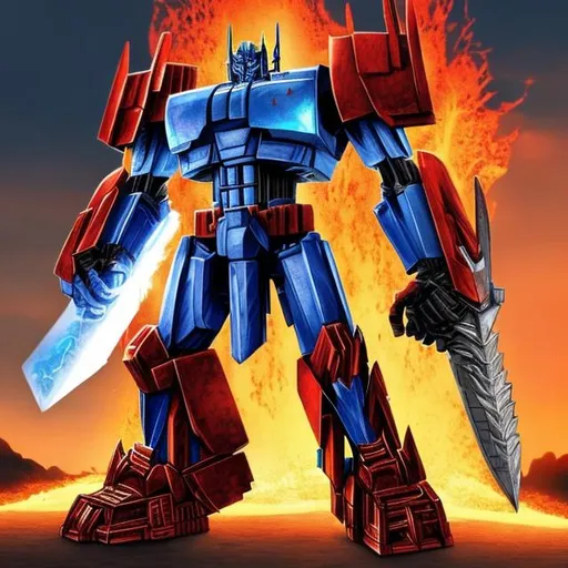 Prompt: Optimus prime from transformers with his lava blade in his hand