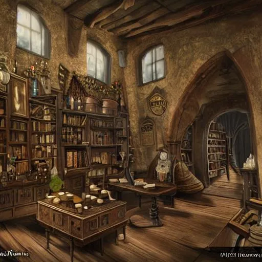 Prompt: apothecary,witchy, hogwarts like interior, matte painting