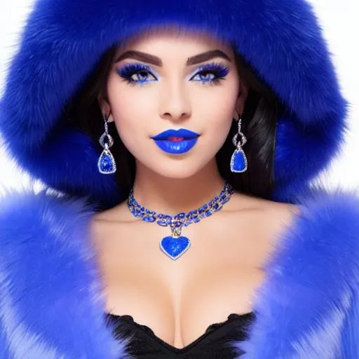 Prompt: afro-latina, blue lipstick, snowy beach, blue heart necklaces, Thick blue fur coat, pleasant face, blue eyes, Black-purple eyeshadow, long ice earrings. Cold color scheme, ultradetailed, 8k resolution, perfect, smooth, high quality, shiny. 