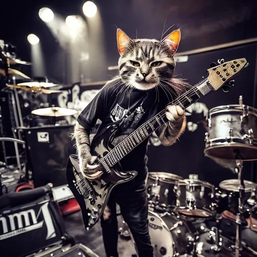 Prompt:  Cat is playing in a metal band.