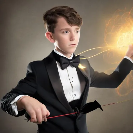 Prompt: 13 year old boy in a tuxedo stretching his magic bow tie causing a magic spell to come flying out of the knot of his bow tie 