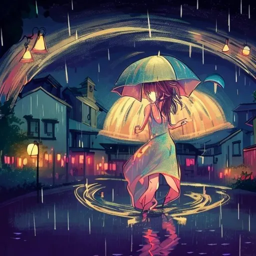 Prompt: girl standing in night in a rainy night and moon and stars are shinig and girl is dancing in rain 
 
