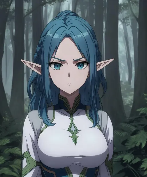 Prompt: Female, elf, feeling the air, serious, gorgeous, lightblue and green hair, tall woman, full body, forest background