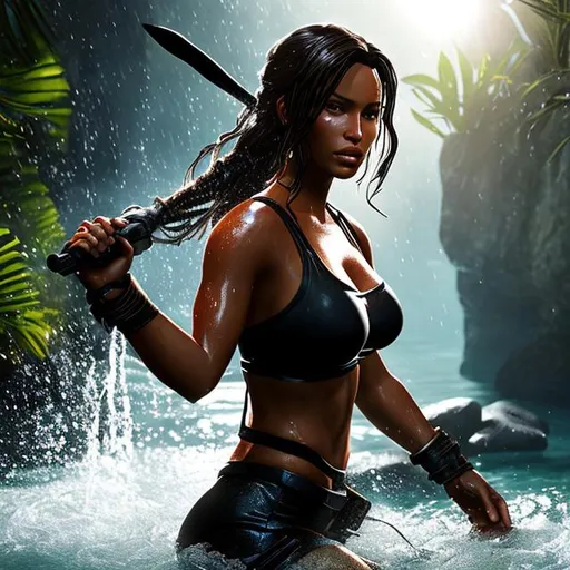 Prompt: beautiful centered Fine art photo portrait of Rachel Grant as a Lara Croft woman from Tomb Raider Videogame, treading on water, wear her wet outfit in every parts with two pistols, photorealistic, waterfall and jungle background, highly detailed and intricate, sunset lighting, HDR 8k