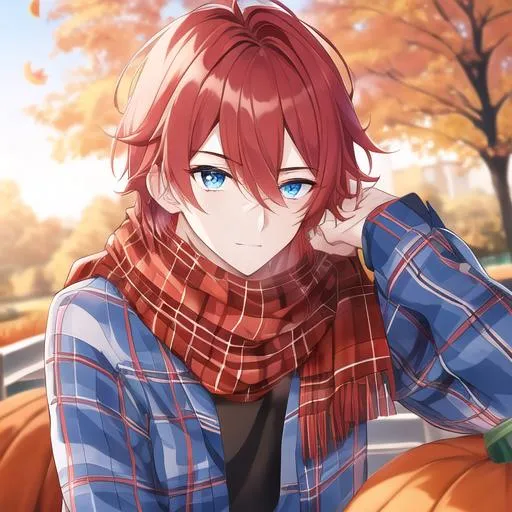 Prompt: Zerif 1male (Red side-swept hair covering his right eye, blue eyes), highly detailed face, wearing a cozy flannel shirt and a pair of stylish jeans. In the park, fall.  wearing a scarf, looking up at the sky, in a pumpkin patch, adult. Handsome,  detailed, UHD, HD, 4K, highly detailed, red haze, masculine, anime style