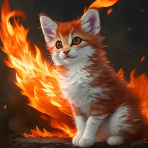 Prompt: Cute, red, fluffy, fire kitten, possessing the element of fire and making circles of fire
 move around in the air in a magical way. Perfect features, extremely detailed, realistic. Krenz Cushart + loish +gaston bussiere +craig mullins, j. c. leyendecker +Artgerm.