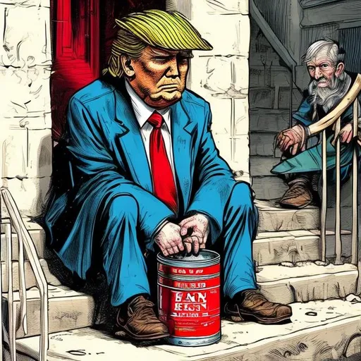 Prompt:  Old, small, with sharp edged lit empty, baked bean tin can, + Lonely, poor, miserable beggar Trump sitting on stairs in front of the courthouse in tattered rags with a tin can, longer red tie, bright colored Sergio Aragonés MAD-magazine style