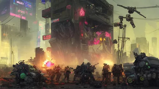 Prompt: Cyberpunk mechs, Riots in the streets, corporate corruption, cities burning, and a single flower in the chaos, tear gas, gas masks, pills, cash money