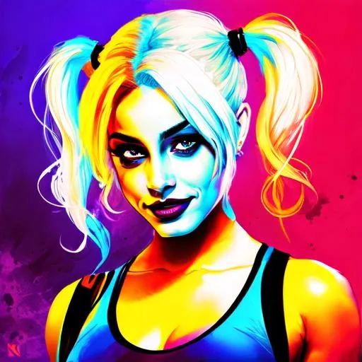 Prompt: harley quinn staring a viewer, high quality, neon colors